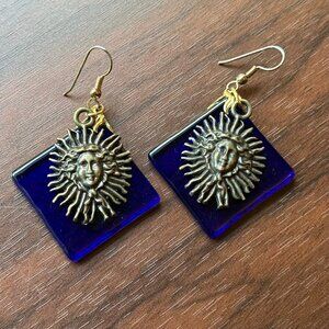 Vintage 90s Sol Invictus Blue Glass and Metal Earrings Celestial
